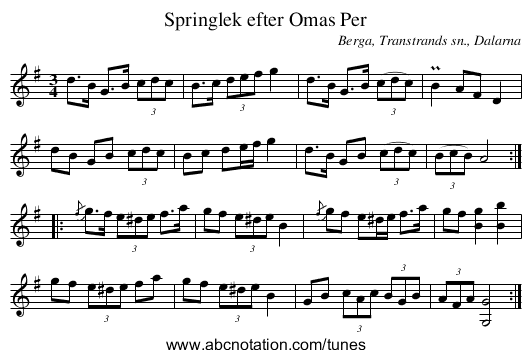 Springlek efter Omas Per - staff notation