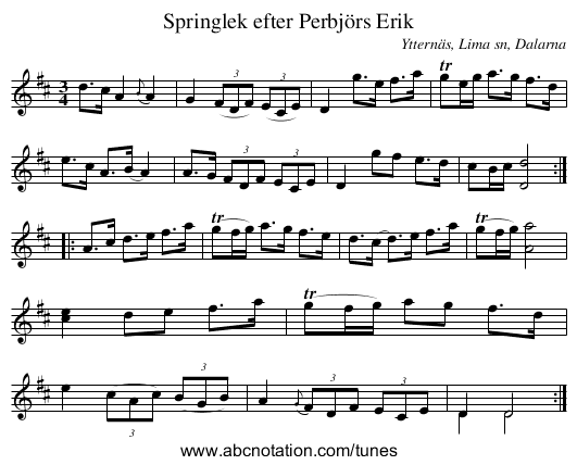 Springlek efter Perbjörs Erik - staff notation