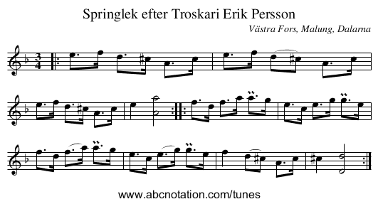 Springlek efter Troskari Erik Persson - staff notation