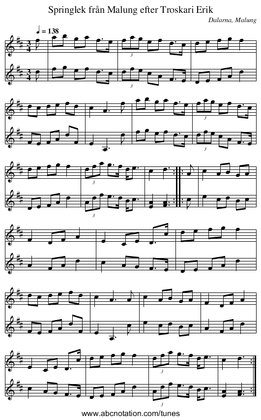 Springlek från Malung efter Troskari Erik - staff notation