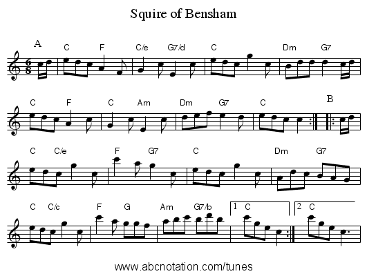Squire of Bensham - staff notation
