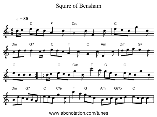 Squire of Bensham - staff notation