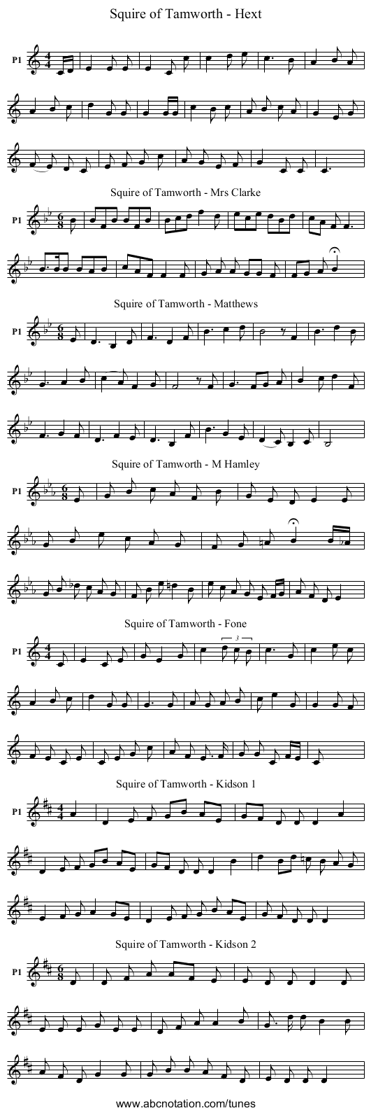 Squire of Tamworth - Hext - staff notation