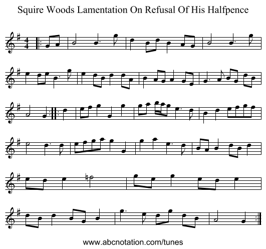 Squire Woods Lamentation On Refusal Of His Halfpence - staff notation