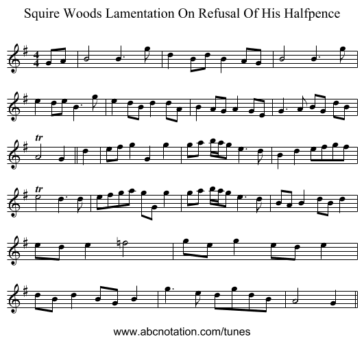 Squire Woods Lamentation On Refusal Of His Halfpence - staff notation