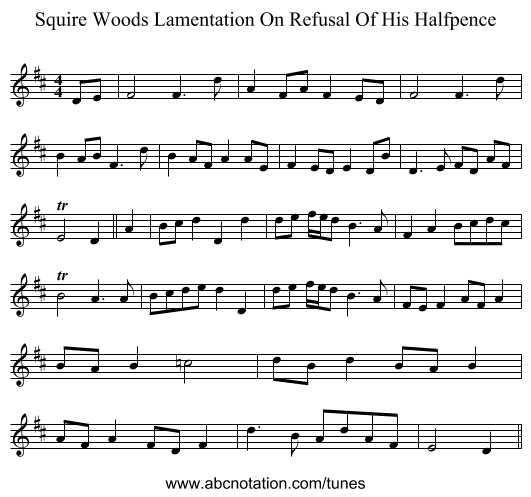 Squire Woods Lamentation On Refusal Of His Halfpence - staff notation