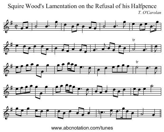 Squire Wood's Lamentation on the Refusal of his Halfpence - staff notation