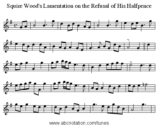 Squire Wood's Lamentation on the Refusal of His Halfpence - staff notation