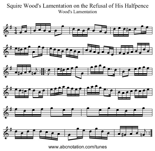Squire Wood's Lamentation on the Refusal of His Halfpence - staff notation