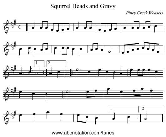 Squirrel Heads and Gravy - staff notation