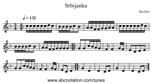 Srbijanka - staff notation