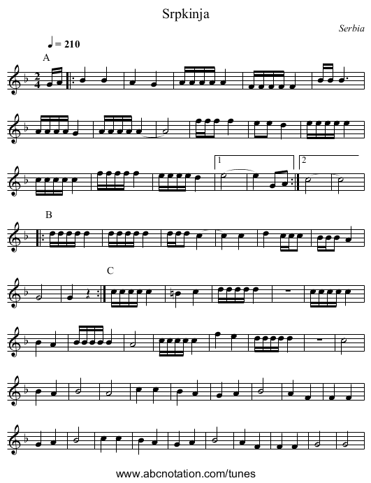 Srpkinja - staff notation