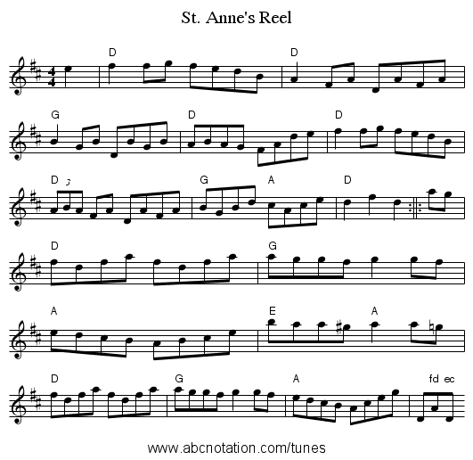 St. Anne's Reel - staff notation