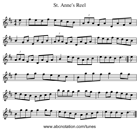 St. Anne's Reel - staff notation