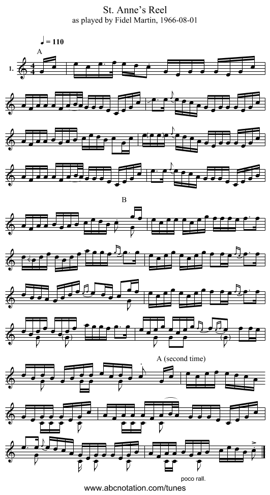 St. Anne’s Reel - staff notation