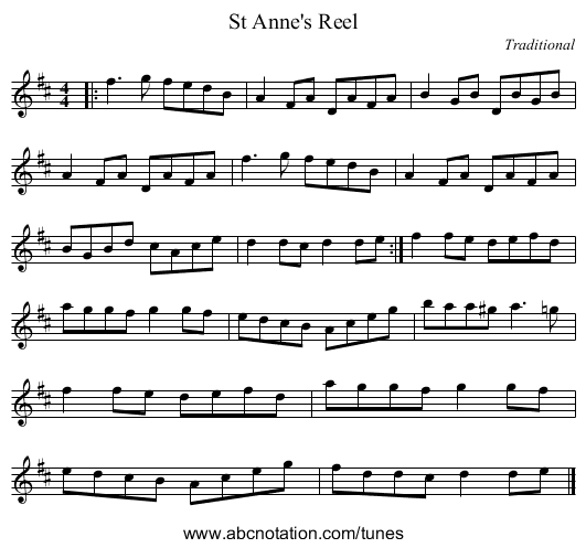 St Anne's Reel - staff notation