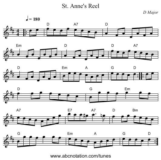 St. Anne's Reel - staff notation