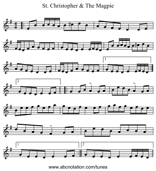 St. Christopher & The Magpie - staff notation