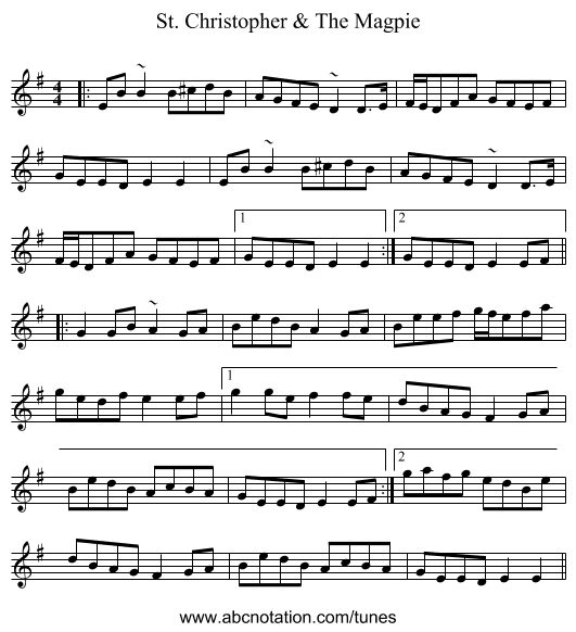 St. Christopher & The Magpie - staff notation