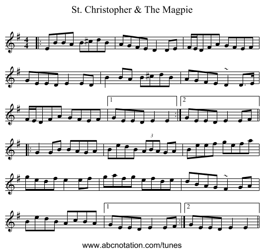 St. Christopher & The Magpie - staff notation