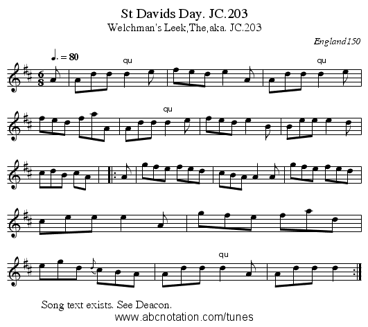 St Davids Day. JC.203 - staff notation