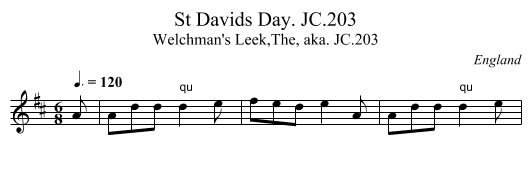 St Davids Day. JC.203 - staff notation