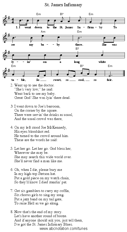 St. James Infirmary - staff notation