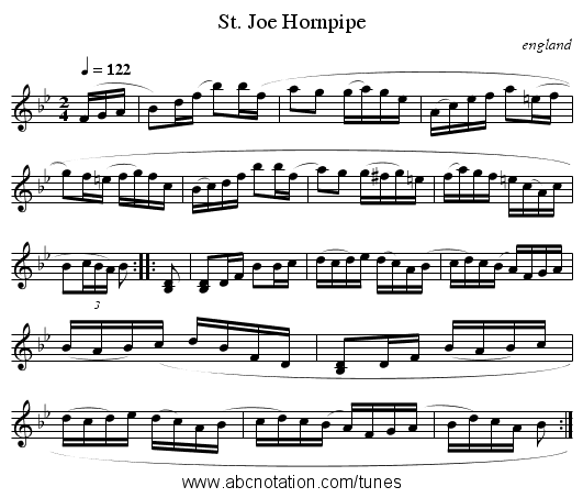 St. Joe Hornpipe - staff notation