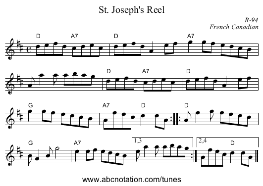 St. Joseph's Reel - staff notation
