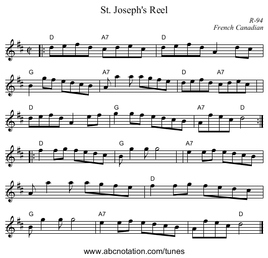 St. Joseph's Reel - staff notation