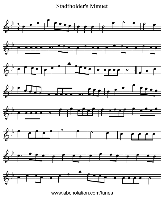 Stadtholder's Minuet - staff notation