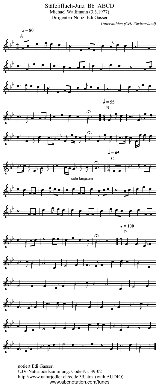 Stäfeliflueh-Juiz  Bb  ABCD - staff notation