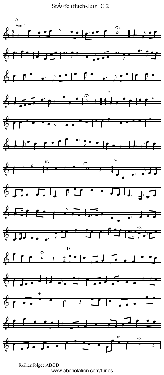 Stäfeliflueh-Juiz C 2+ - staff notation