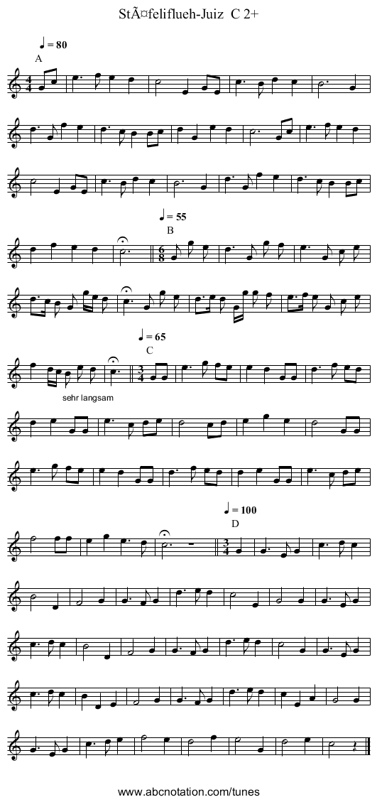 Stäfeliflueh-Juiz C 2+ - staff notation