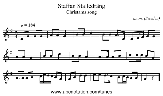 Staffan Stalledräng - staff notation