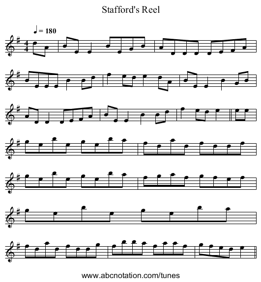 Stafford's Reel - staff notation