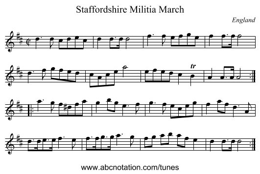 Staffordshire Militia March - staff notation
