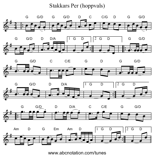 Stakkars Per (hoppvals) - staff notation