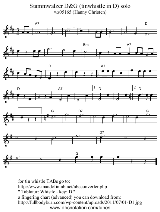 Stammwalzer D&G (tinwhistle in D) solo - staff notation