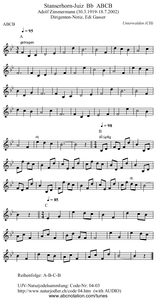 Stanserhorn-Juiz Bb ABCB - staff notation