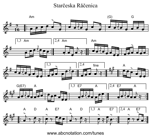 Starčeska R&abreve;čenica - staff notation