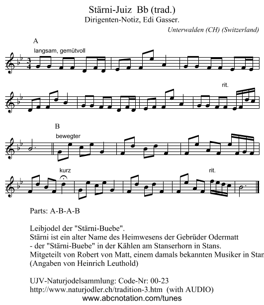 Stärni-Juiz  Bb (trad.) - staff notation