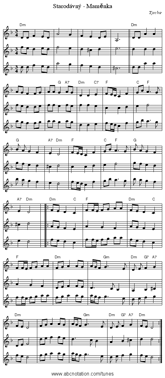 Starod&aacute;vn&yacute; - Maměnka - staff notation