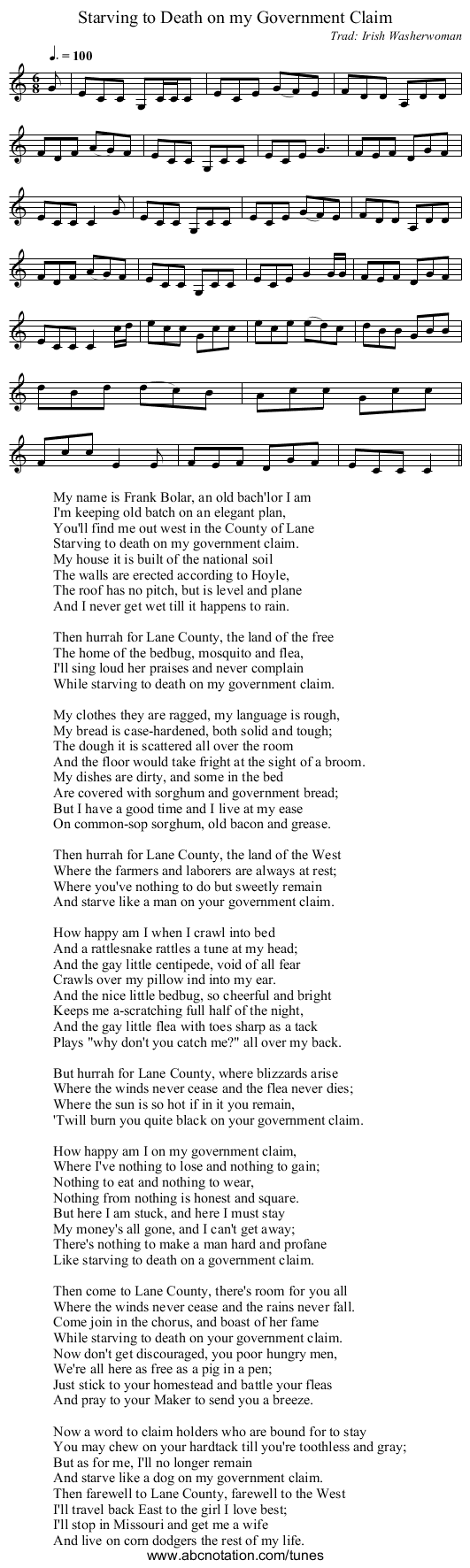 Starving to Death on my Government Claim - staff notation