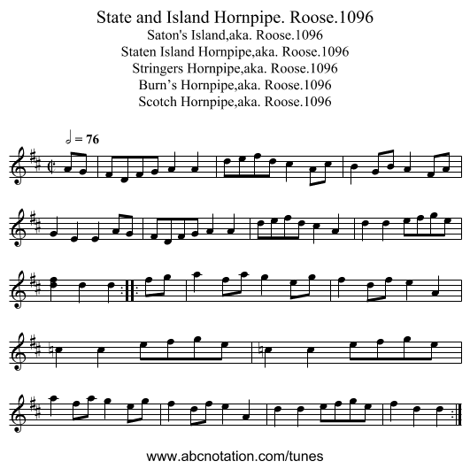 State and Island Hornpipe. Roose.1096 - staff notation