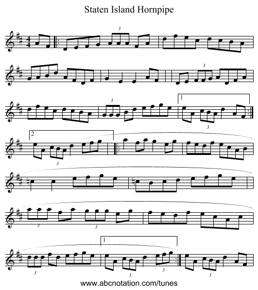Staten Island Hornpipe - staff notation