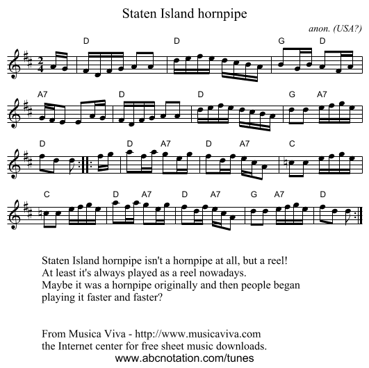 Staten Island hornpipe - staff notation