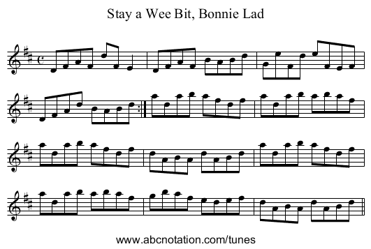 Stay a Wee Bit, Bonnie Lad - staff notation
