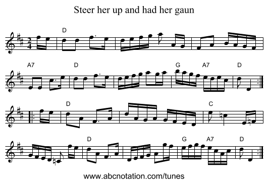 Steer her up and had her gaun - staff notation