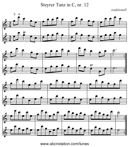 Steyrer Tanz in C, nr. 12 - staff notation